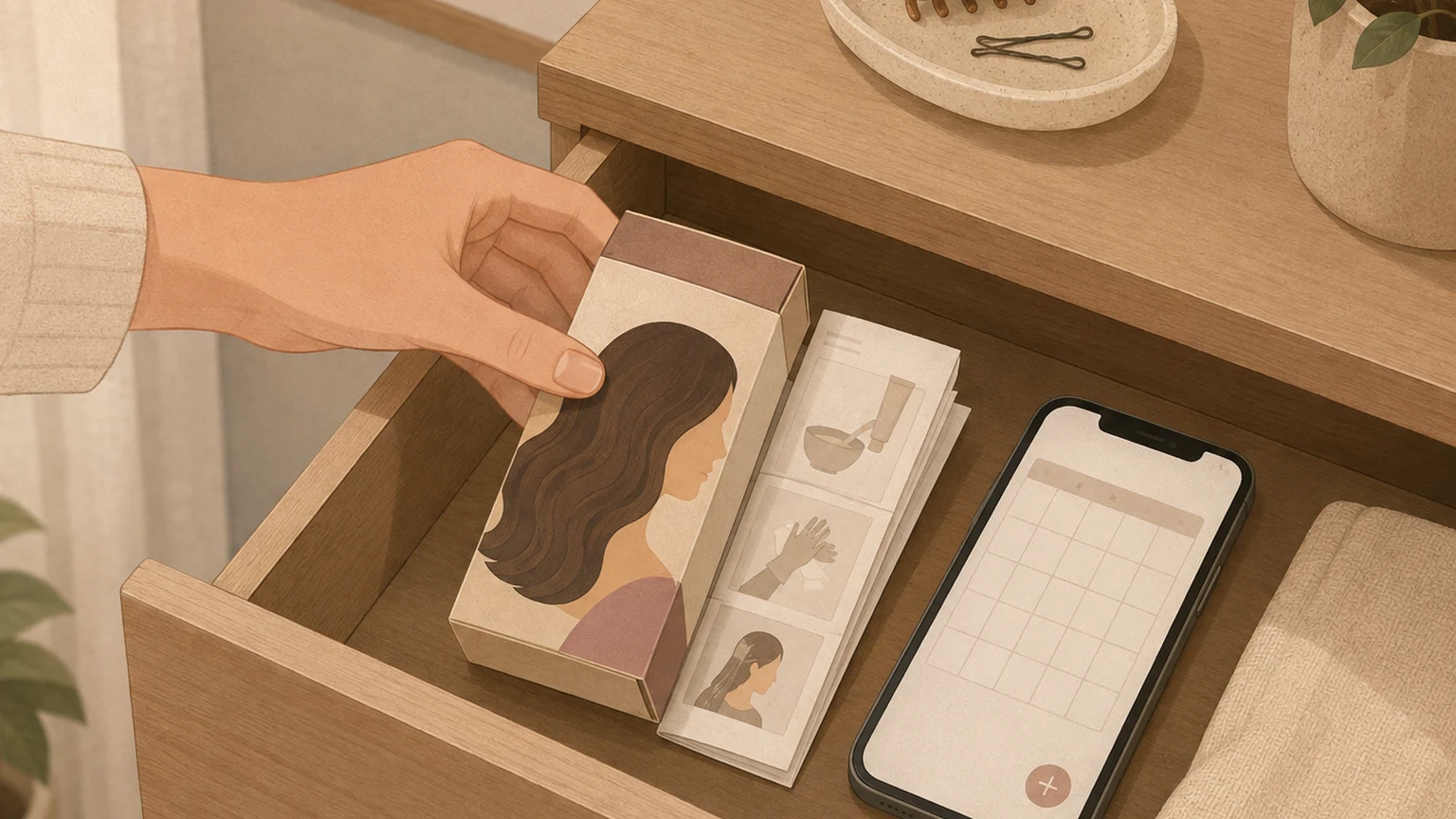 引き出しに毛染め剤の外箱と使用説明書をしまう手元。隣にはカレンダーを開いたスマートフォンが置かれている