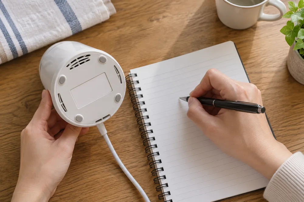 丸い充電式の美容家電の底面を片手で持ち、もう片方の手でノートに書き写している手元
