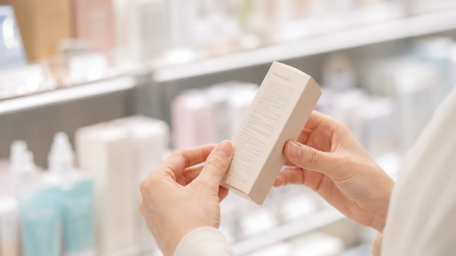 店の棚の前で、手に取った化粧品の箱の裏面を両手で持って読んでいる手元
