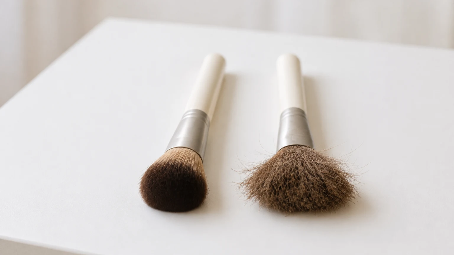 穂先の整った新しいブラシと、穂先が広がった使い込んだブラシを並べたところ